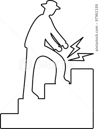 A silhouette of a man whose knee hurts and it seems difficult to climb the stairs 97962189