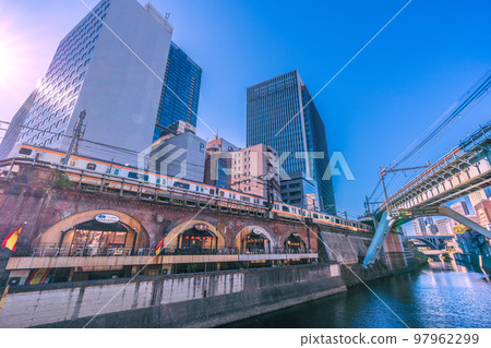 Cityscape of Tokyo, Japan View from Shohei Bridge to Izakaya under the viaduct and towards Ochanomizu Station, near Hijiri Bridge 97962299