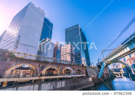 Cityscape of Tokyo, Japan View from Shohei Bridge to Izakaya under the viaduct and towards Ochanomizu Station, near Hijiri Bridge 97962306
