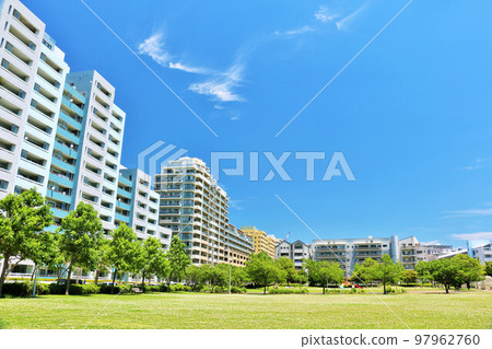 Apartment in blue sky and park landscape 97962760