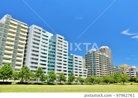 Apartment in blue sky and park landscape 97962761