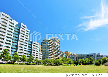 Apartment in blue sky and park landscape 97962769