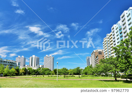 Apartment in blue sky and park landscape 97962770
