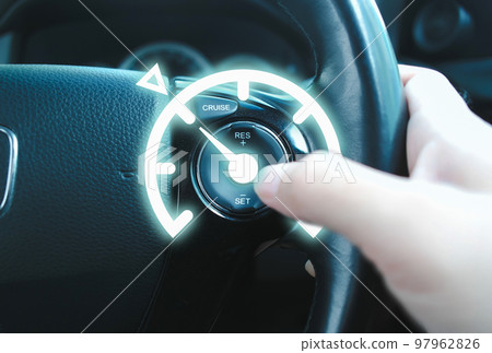 Automotive cruise control system on the steering wheel of the car with speedometer lock indicator Automotive cruise control system on the steering wheel of the car with speedometer lock indicator 97962826