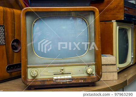 Ancient old television show in electrical stores. Old vintage television Ancient old television show in electrical stores. Old vintage television 97963290