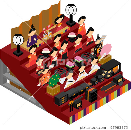 Illustration of a seven-tiered decoration of isometric hina dolls 97963573