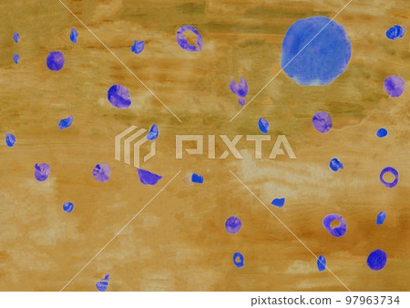 Kid's Gouache Painting of Desert Sky with Moon and Stars. A Horizontal Picture. Blue Moon and Stars in a Yellow Desert Sky. 97963734