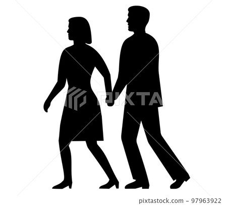Couple Male and Female Walking Away Holding Hands Side Silhouette Retro Black and White Couple Male and Female Walking Away Holding Hands Side Silhouette Retro Black and White 97963922