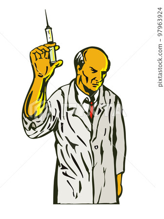 Medical Doctor Nurse or Scientist Holding Up a Syringe with Vaccine Isolated Retro Comics Style Medical Doctor Nurse or Scientist Holding Up a Syringe with Vaccine Isolated Retro Comics Style 97963924