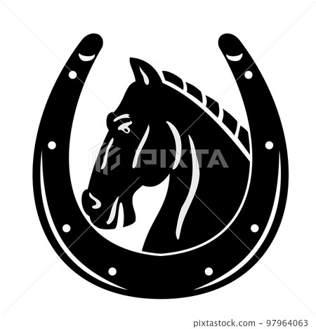 Horse or Stallion Inside Horseshoe Side View Woodcut Retro Style 97964063