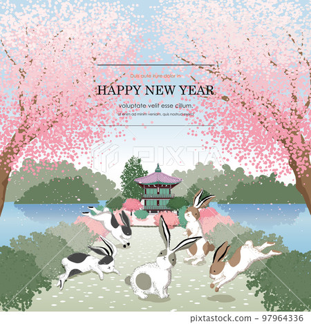 Vector illustration of rabbits in the spring scenery of Korean. Design for social media, party invitation, Frame Clip Art and Business Advertisement 97964336