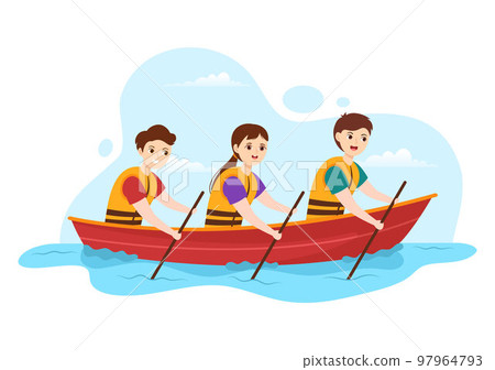 People Enjoying Rowing Illustration with Canoe and Sailing on River or Lake in Active Water Sports Flat Cartoon Hand Drawn Template 97964793