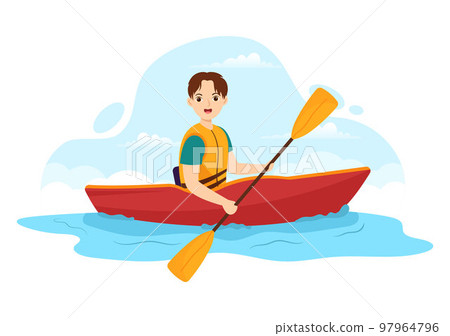 People Enjoying Rowing Illustration with Canoe and Sailing on River or Lake in Active Water Sports Flat Cartoon Hand Drawn Template 97964796