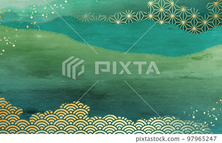 大麻葉和青海波的抽象綠色矢量圖背景 大麻葉和青海波的抽象綠色矢量圖背景 97965247