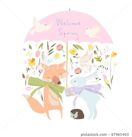 Cute Animals under Big Umbrella meeting Spring 97965403