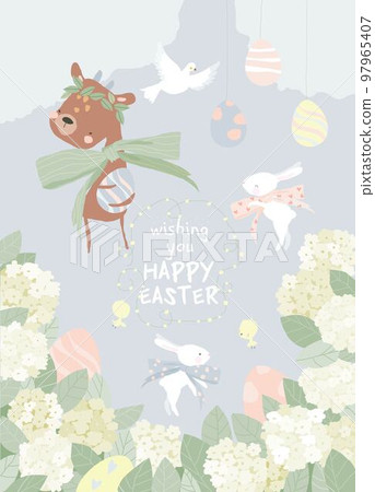 Happy Easter Greeting Card with Cute Deer, White Bunnies and Eggs Happy Easter Greeting Card with Cute Deer, White Bunnies and Eggs 97965407