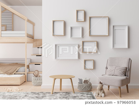 Various empty picture frames on white wall in modern child's room. Mock up interior in contemporary, scandinavian style. Free, copy space for picture. Group of frames. Cozy room for kids. 3D render. Various empty picture frames on white wall in modern child's room. Mock up interior in contemporary, scandinavian style. Free, copy space for picture. Group of frames. Cozy room for kids. 3D render. 97966058