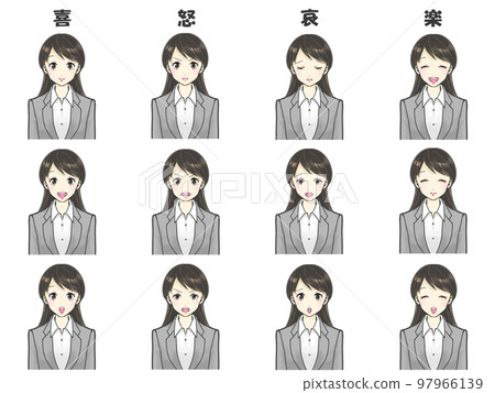 A woman in a suit, different facial expression illustration set of emotions A woman in a suit, different facial expression illustration set of emotions 97966139
