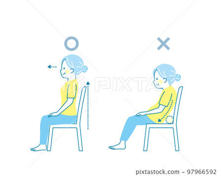 Comparison of good and bad postures of senior women sitting on chairs 97966592