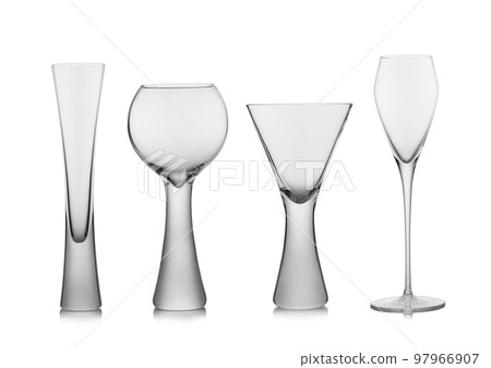 Set of various luxury wine and champagne glasses on white.Balloon shape 97966907
