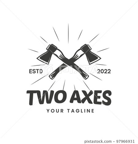Vintage double crossed ax throwing logo, retro style outdoor adventure emblem, badge, design element, logotype template. vector illustration, symbol, template 97966931