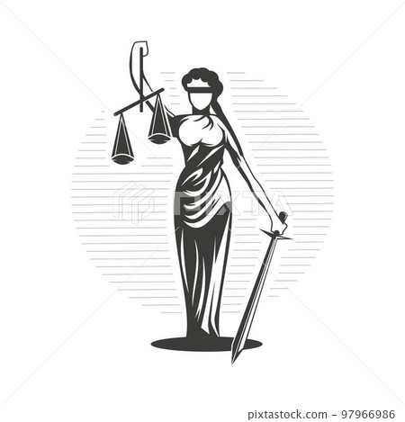 Woman justice illustration Justice symbol design- Woman holding scales and sword. 97966986