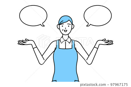 一位穿著帶氣球的圍裙並進行比較的高級女性 97967175