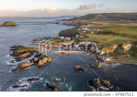 Aerial view of Ballintoy Harbour near Giants Causeway, County. Antrim, Northern Ireland, UK Aerial view of Ballintoy Harbour near Giants Causeway, County. Antrim, Northern Ireland, UK 97967521