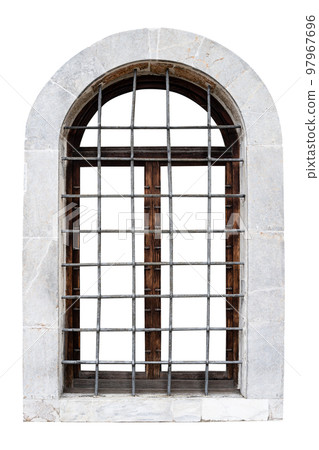 vintage window with stone marble frame protected with metallic railing bars isolated on white vintage window with stone marble frame protected with metallic railing bars isolated on white 97967696