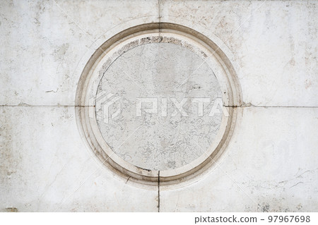 round empty classic ornamental frame signboard plaque on white marble stone wall round empty classic ornamental frame signboard plaque on white marble stone wall 97967698