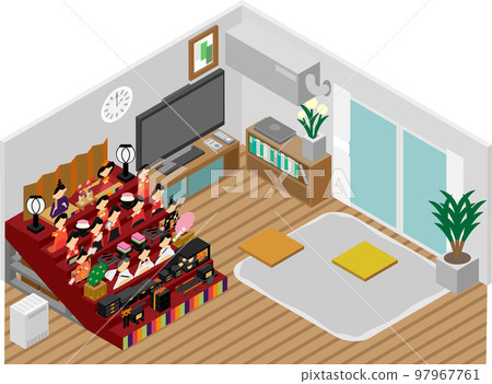 在等距客廳中展示的雛娃娃的插圖 在等距客廳中展示的雛娃娃的插圖 97967761