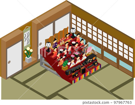 Illustration of Hina dolls displayed in an isometric Japanese-style room Illustration of Hina dolls displayed in an isometric Japanese-style room 97967763