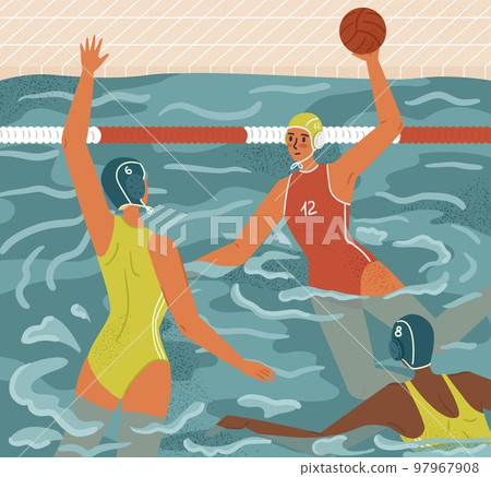 Water polo female players in action concept vector illustration. Women's swimming and water sports. Water polo team play game in tournament. Athlete attack goalkeeper with a ball 97967908