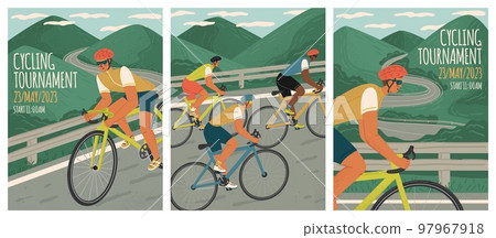 Cycling tournament posters set. Hand drawn vector illustrations of bike riders. Bicycle race on montain road. Triathlon athletes on bikes Cycling tournament posters set. Hand drawn vector illustrations of bike riders. Bicycle race on montain road. Triathlon athletes on bikes 97967918