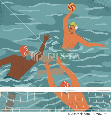 Water polo players in action concept vector illustration. Swimming and water sports. Water polo team play game in tournament. Athlete attack goalkeeper with a ball 97967930