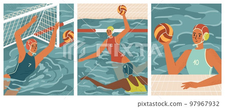 Water polo female players in action vector posters set. Women's Swimming and water sports concept. Water polo team play game in tournament 97967932