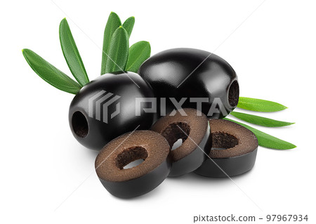 Black olives with leaves isolated on a white background with full depth of field. 97967934