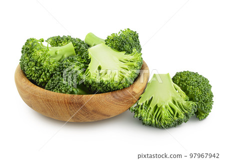 fresh broccoli in wooden bowl isolated on white background close-up with full depth of field. fresh broccoli in wooden bowl isolated on white background close-up with full depth of field. 97967942