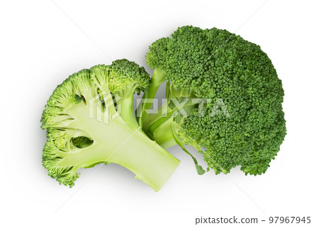 fresh broccoli isolated on white background close-up with full depth of field. Top view. Flat lay fresh broccoli isolated on white background close-up with full depth of field. Top view. Flat lay 97967945