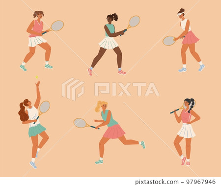 Female tennis players isolated characters vector set. Girls players figures with racket and ball on tennis court Female tennis players isolated characters vector set. Girls players figures with racket and ball on tennis court 97967946