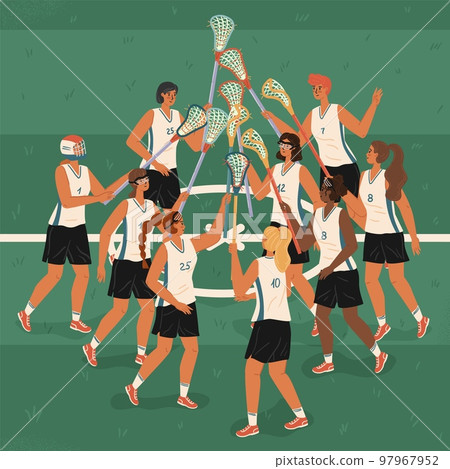 Women's lacrosse team celebrating victory, vector illustration. Female lacrosse game players on a field Women's lacrosse team celebrating victory, vector illustration. Female lacrosse game players on a field 97967952