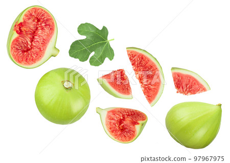 Ripe green fig fruit isolated on white background with full depth of field. Top view. Flat lay. Ripe green fig fruit isolated on white background with full depth of field. Top view. Flat lay. 97967975