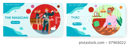 Magic landing page design, website banner vector template set. Fortune teller with tarot cards, magician show, tricks. Magic landing page design, website banner vector template set. Fortune teller with tarot cards, magician show, tricks. 97968022