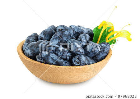 Fresh honeysuckle blue berry in wooden bowl isolated on white background with full depth of field 97968028