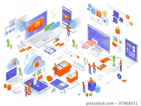 Network management, vector isometric icon set. Cloud storage, data synchronization, technical support services. 97968031