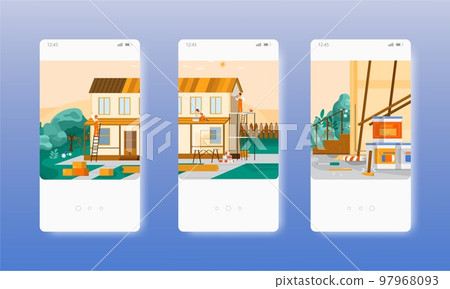 Home repair services. House, roof renovation. Mobile app screens, vector website banner template. UI, web site design. Home repair services. House, roof renovation. Mobile app screens, vector website banner template. UI, web site design. 97968093