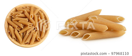 Wolegrain penne pasta from durum wheat in wooden bowl isolated on white background with full depth of field. Top view. Flat lay, 97968110