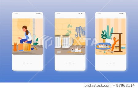 Stray animals rescue, pet care, volunteering. Mobile app screens, vector website banner template. UI, web site design. 97968114