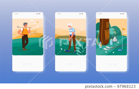 Senior man practicing outdoor golf sport game. Mobile app screens, vector website banner template. UI, web site design. 97968123
