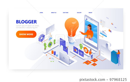Blogger landing page design, website banner vector template. Woman creating blog content. Digital marketing, journalism. 97968125